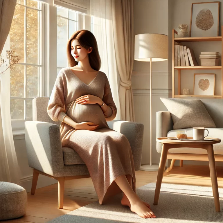 DALL·E 2024 11 26 10.10.35 A realistic and serene illustration of a pregnant woman sitting comfortably in a cozy living room. She is seated on a soft armchair gently holding he 768x768 1