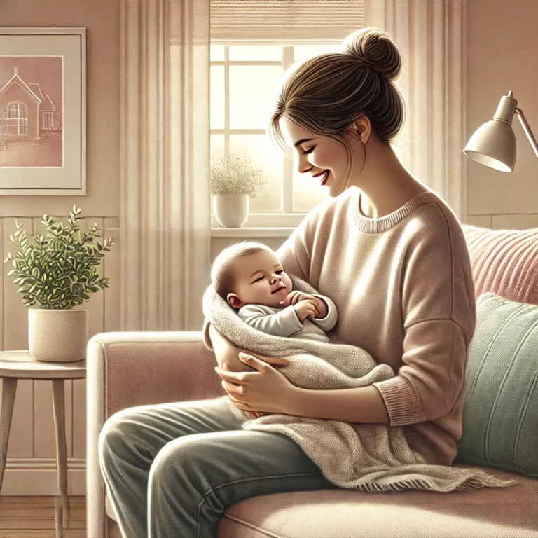 DALL·E 2024 11 26 10.15.30 A heartwarming and realistic illustration of a mother lovingly holding her baby in a cozy living room. The mother is sitting on a soft couch gently c 768x768 1